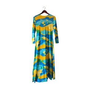 Vintage Mister Robert 70s Psychedelic Wave Print Maxi Dress Blue Yellow Green